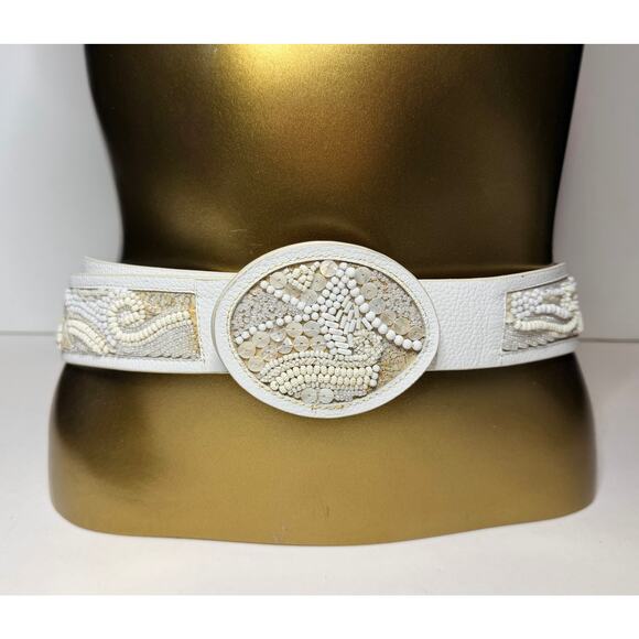 Chico’s Mother Of Pearl Beaded Designer White Leather Belt New - Picture 1 of 16